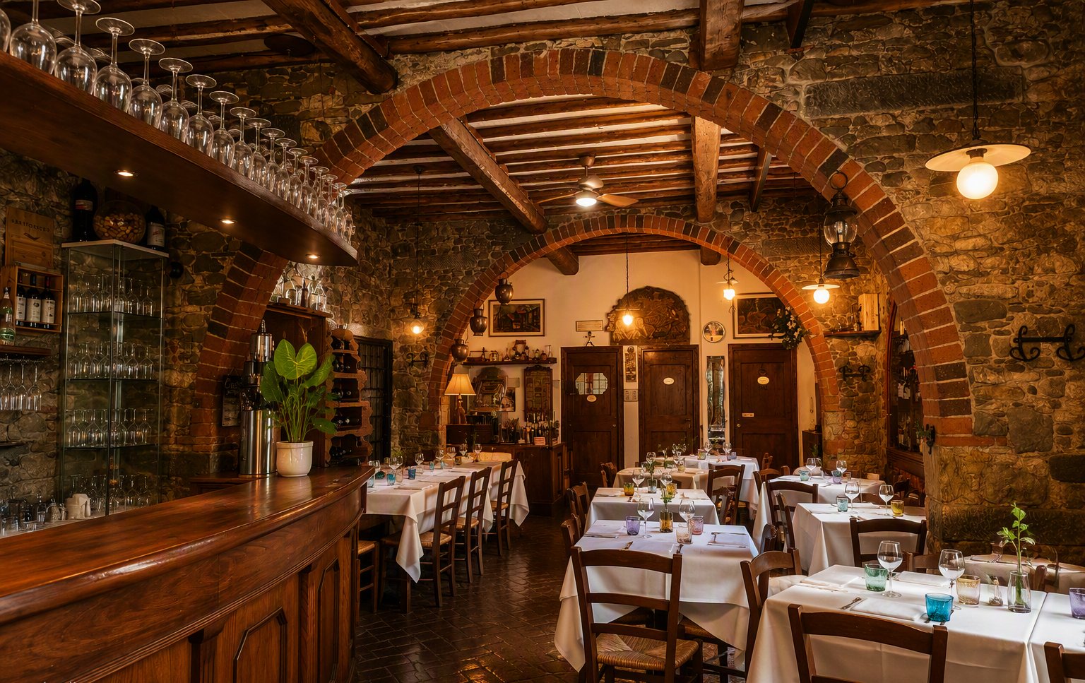 La sala con i muri in pietra, l'arco in mattoni e le travi di legno