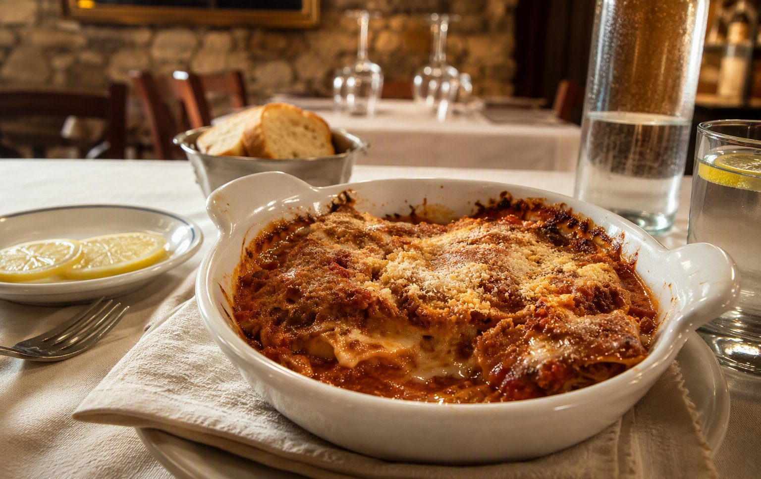 Lasagna alla bolognese al forno nella ciotola bianca