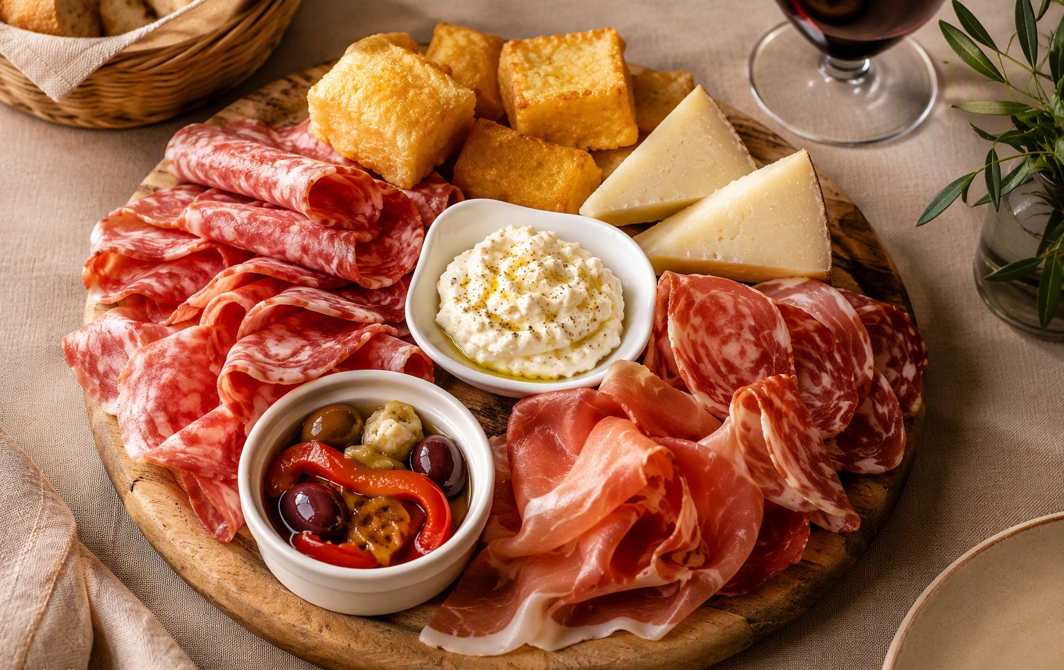 Antipasto misto toscano con salumi, pecorino e polenta fritta